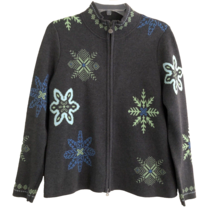 VTG Eddie Bauer Zip-Front Cardigan Womens L Snowflake Cotton Blend Knit Sweater - £19.67 GBP