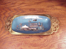 Vintage Israel Temple Gold Tone and Blue Metal Tray, with Enameled Scene - $7.95
