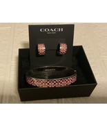 Coach Set Logo/ Pink Enamel Silver Hoop Earrings Bangle Bracelet Set - $191.47 CAD