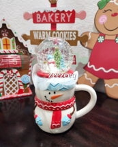 Christmas Holiday Snowman with Snowglobe Topper Ceramic Mug Red Blue - $27.71