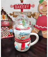 Christmas Holiday Snowman with Snowglobe Topper Ceramic Mug Red Blue - £22.15 GBP