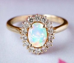 2.50Ct Simulated Oval White Opal Diamond Halo Ring 14K Yellow Gold Plated Silver - £95.25 GBP