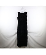 Vintage 60s 70s Womens 14 Crushed Velvet Floral Full Length Dress LBD Black - $98.95