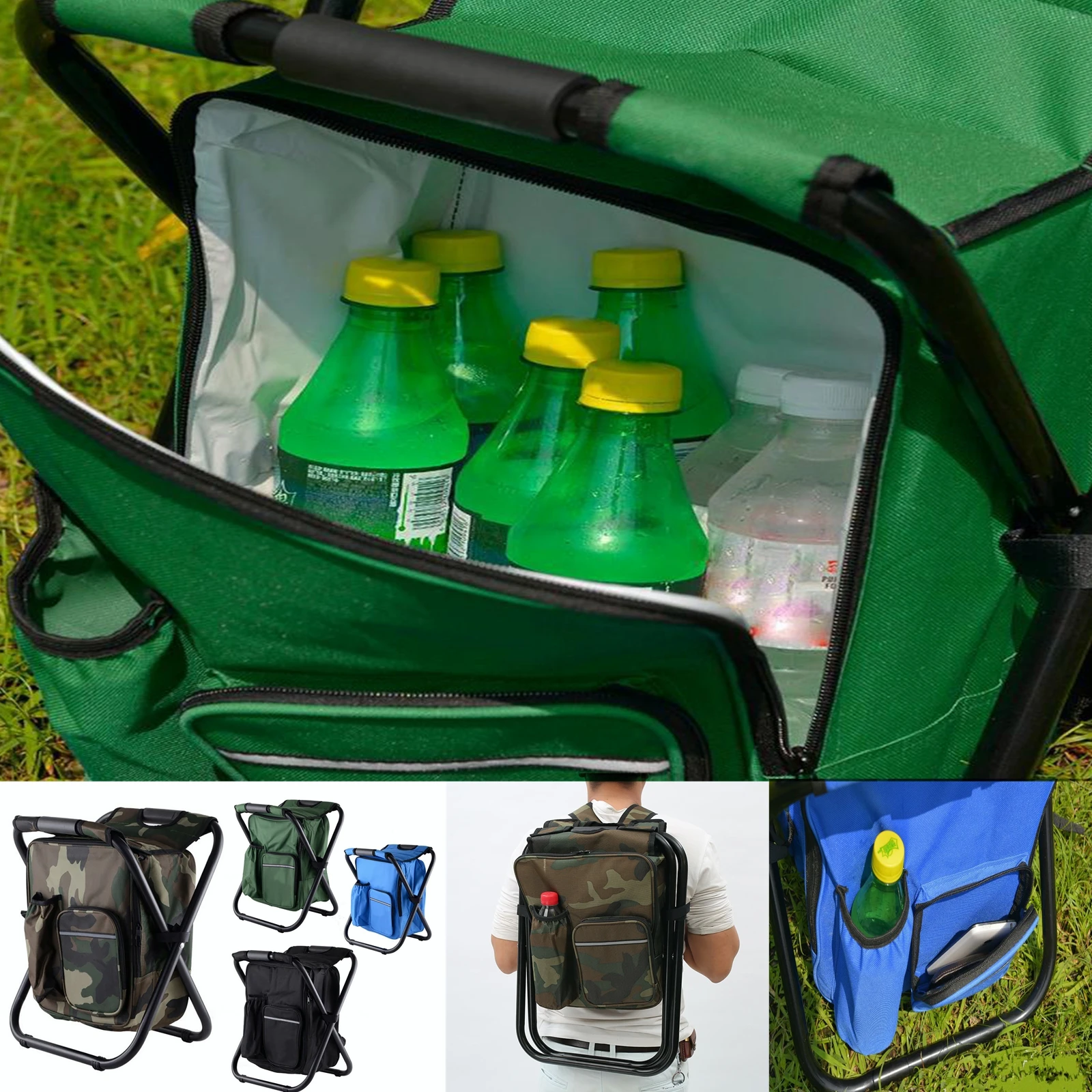 2 In 1 Folding Outdoor Backpack Chair Bench Cooler Insulated Portable Chair - £17.95 GBP+