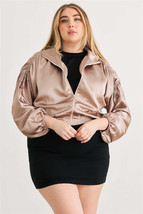 Plus Satin Zip-up Ruched Long Sleeve Cropped Bomber Jacket - $31.00