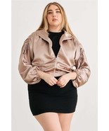 Plus Satin Zip-up Ruched Long Sleeve Cropped Bomber Jacket - $42.39 CAD