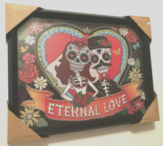 ETERNAL LOVE Framed DOD Skull Couples Red Roses 17&quot; x 13&quot; x 1 3/4&quot; Wall ... - £51.76 GBP