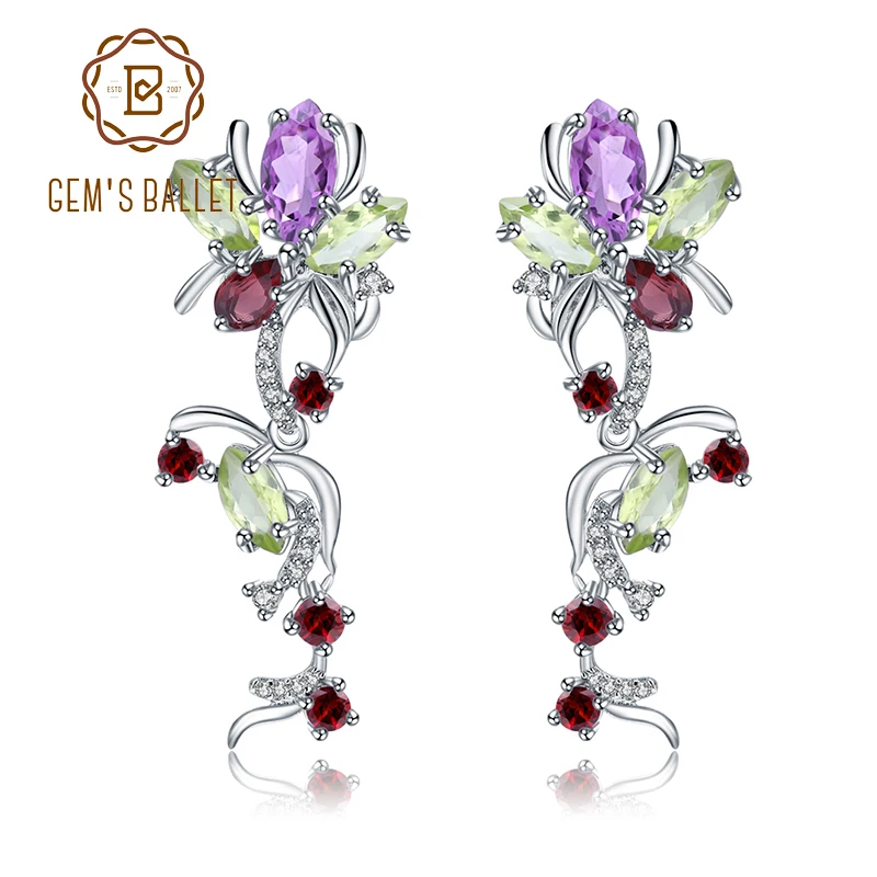 Flower Multicolor Natural Peridot Amethyst Garnet 925 Sterling Silver Vintage Dr - £74.29 GBP