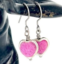 Heart shaped felt ball earrings, dark pink statement earrings, metal frame  bead - £15.63 GBP