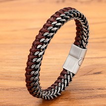 New Fashion Stainless Steel Double Chain Braid Leather Mens Bracelet with Magnet - £16.43 GBP
