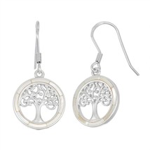 Sterling Silver Round White MOP with Center Tree of Life Earrings - £52.76 GBP