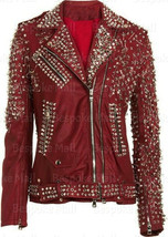 New Women&#39;s Punk Rock Red Silver Spiked Studded Cowhide Biker Leather Ja... - £384.42 GBP