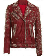 New Women&#39;s Punk Rock Red Silver Spiked Studded Cowhide Biker Leather Ja... - £383.09 GBP