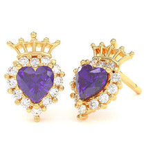 Amethyst Diamond Claddagh motif Stud Earrings in 10k Yellow Gold - £261.01 GBP