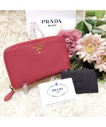 PRADA Pink Leather Bifold Wallet Round Zip Large Capacity Card Holder MW... - $265.32 CAD