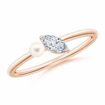 ANGARA Freshwater Pearl &amp; Tilted Marquise Diamond 2-Stone Grande Engagement Ring - £846.80 GBP