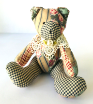 Quilted Plush Bear Ornament Handmade Calico Gingham Lace Ribbon Rose Jointed - £19.38 GBP