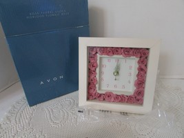AVON 2004 ROSE FLORAL DESK CLOCK IVORY WOOD SILK ROSES BATTERY OPER NEW - $14.80
