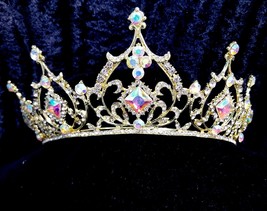 Rhinestone Crystal Tiara, AB Crown Tiara, Statement Pageant Jewelry, Head Band J - £57.52 GBP
