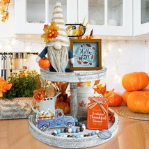 Fall Tiered Tray Decorations Set Blue Thankgiving Gnomes Table Decor Fal... - $22.99
