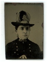 Circa 1860&#39;S Gem Size Tintype Lovely Older Woman Wearing Ornate Hat - £7.41 GBP