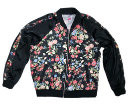 Lightweight Black Floral Zip Up Bomber Style Jacket Top Juniors Large 11... - $8.91