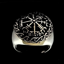 Antiqued Silver ring Vegvisir Viking Shield Runes Nordic Iceland wayfinder on d - £91.92 GBP