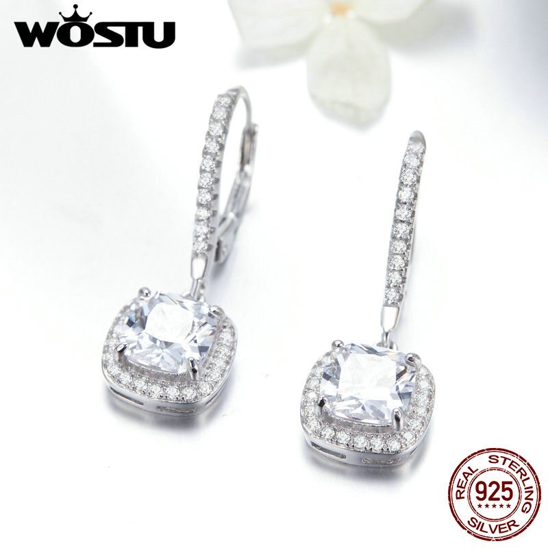 WOSTU Hot Sale 925 Silver Fashion Square Drop Earring CZ Silver Jewelry For Wome - £18.81 GBP