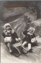 Christmas Sweet Girls Lace Coats Sledding Faux Snow Scene Studio Postcard Z18 - $8.95