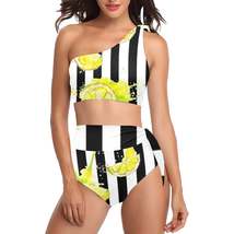 High Waisted One Shoulder Bikini Set (S16) Black White Stripes and Lemons - £31.21 GBP+
