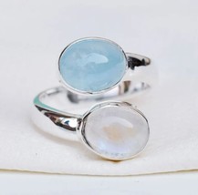 Aquamarine &amp; Moonstone Ring, Adjustable Ring, Open Ring, Handmade Silver Ring - £44.54 GBP