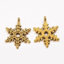 4 Snowflake Charms Antiqued Gold Christmas Pendants Winter Snow Findings 24mm - £2.65 GBP