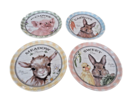 New Set 4 Easter Bunny Goat Duck &amp; Pig Melamine Salad Plates 8 1/2&quot; Gingham - £33.91 GBP