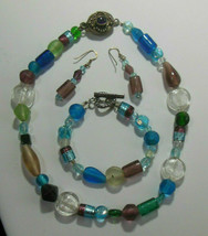 Vintage 925 Silver Multi-color Glass Bead Necklace, Bracelet &amp; Earring Set - $44.55