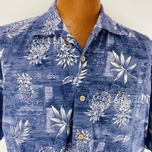 Batik Bay Aloha Hawaiian Shirt L Blue Tapas Pineapple Palm Leaves Coconut Button - £31.96 GBP