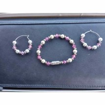 Vintage Pink Swarovski Crystal Faux Pearl 925 Silver Bracelet &amp; Earrings - £25.35 GBP