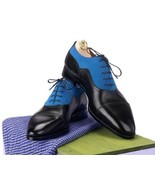 Handmade Men&#39;s Black Cowhide Leather &amp; Blue Suede Oxford Cap Toe Dress S... - £101.67 GBP
