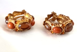 Vintage Clip On  Earrings Multicolor Beads Amber Crystals Gold Tone Metal - $10.00