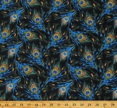Cotton Peacock Feathers Plumes Blue Green on Black Fabric Print by Yard D465.43 - £9.55 GBP