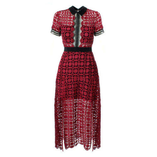 Women's Celeb Olivia Short Sleeve Crochet Scallop-Edged Midi Dress in Burgundy Item image 6