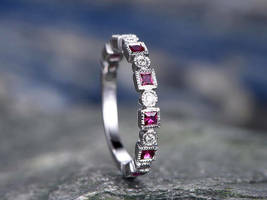 1Ct Pink Ruby And Diamond Princess Cut 14K White Gold Finish Wedding Band Ring - £69.07 GBP