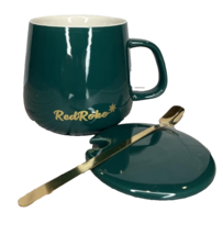 Desk Coffee cup w Lid Gold Tone Spoon &amp; warmer Emerald Green W Gold Tone Logo - £22.52 GBP