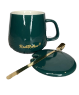Desk Coffee cup w Lid Gold Tone Spoon &amp; warmer Emerald Green W Gold Tone... - £22.13 GBP