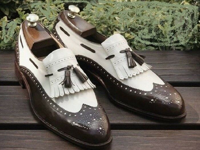 Two Tone Black White Tassel Loafer Slip On Wing Tip Brogue Leather Shoes US 7-16