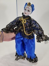 Vintage Porcelain 16&quot; Enesco Doll Lace Black Blue Gold Shirt Dressed Hat... - $36.95 CAD