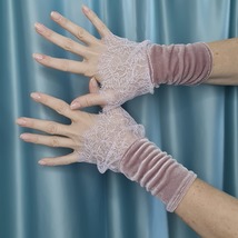 Velvet lace cuffs dusty rose, lace velvet mittens, dusty pink velvet cuffs, deli - £25.43 GBP