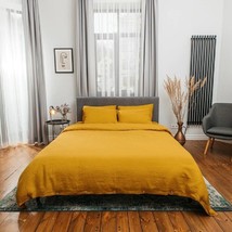 Softened Linen Duvet Cover In Mustard Yellow 3 Pieces Set Boho Bedding Quilt Set - £26.61 GBP+