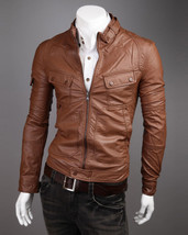 Men Brown Biker Leather Jacket With Belted Tab Collar and Front Fastenin... - $2,546.82 MXN