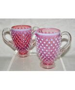 VINT. RASPBERRY PINK+OPALESCENT WHITE TALL HOBNAIL GLASS  SUGAR BOWL+CRE... - $11.88