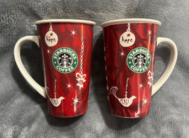 Starbucks Coffee Red Mug Christmas 2010 Tall Festive Holiday Cup 16 oz Lot Of 2 - £25.42 GBP
